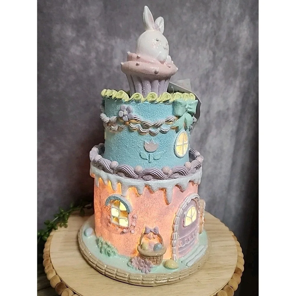 Easter Cake Cupcake Gingerbread House Bunny Pastel LIGHT UP Tabletop Decor 10.5